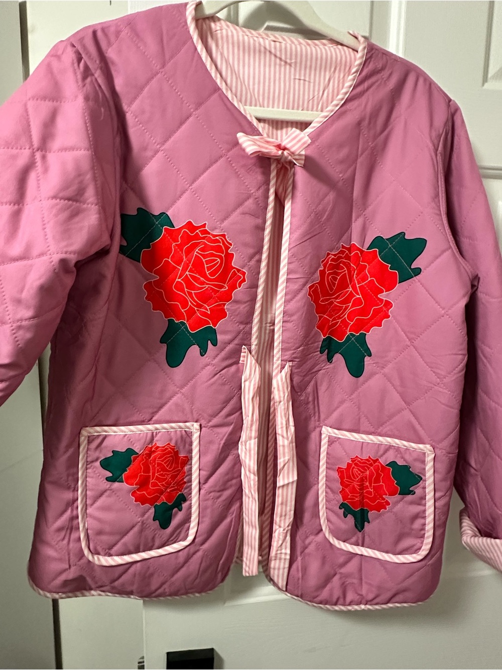 Pink Quilted Kids Jacket with Rose Appliqués
